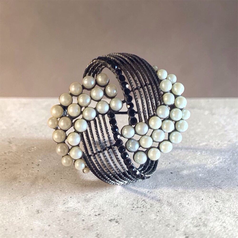 Vintage Pearl and Rhinestone Swirl Brooch , 2 1/4” X 2”, Black